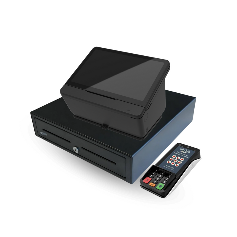 Point-of-Sale system for Food Trucks and Quick Service Restaurants - includes Mint POS Touch Terminal w/ built-in printer, software (included with merchant services), cash drawer and credit card terminal w/ no cost processing (dual-pricing).